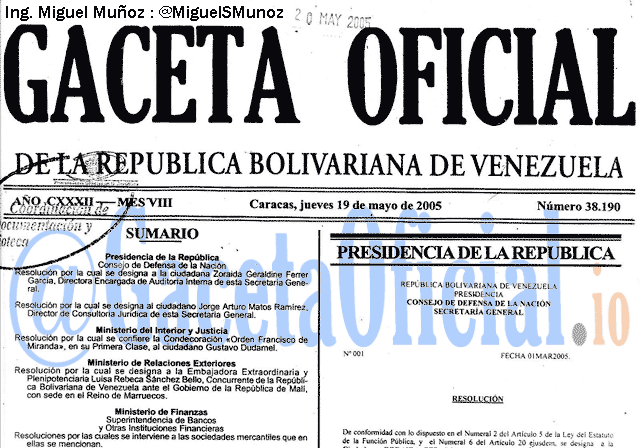 Gaceta Oficial 38190 del 19 Mayo 2005