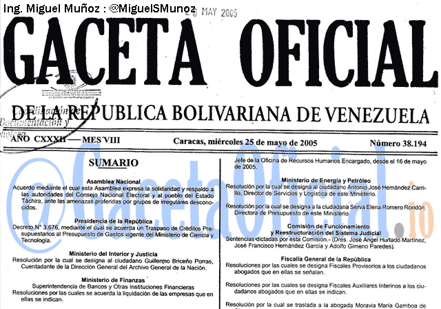 Gaceta Oficial 38194 del 25 Mayo 2005