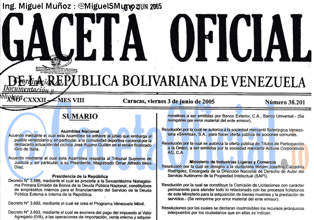 Gaceta Oficial 38201 del 3 Junio 2005