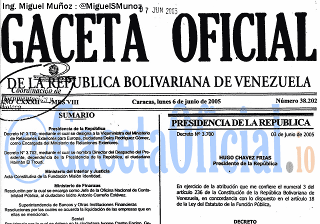Gaceta Oficial 38202 del 6 Junio 2005