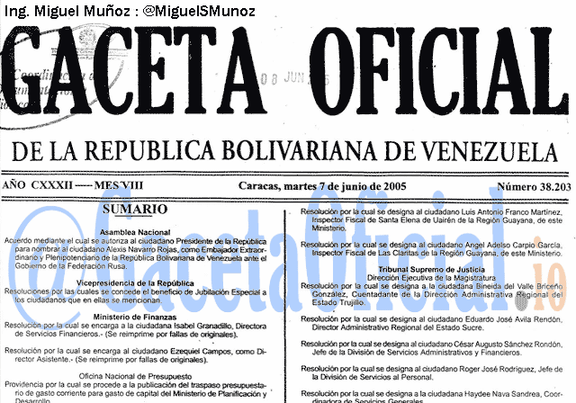 Gaceta Oficial 38203 del 7 Junio 2005