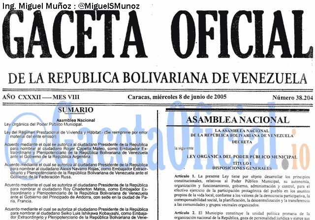 Gaceta Oficial 38204 del 8 Junio 2005