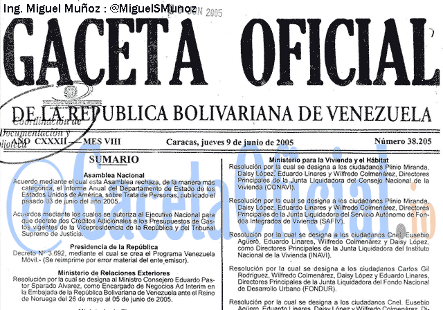 Gaceta Oficial 38205 del 9 Junio 2005