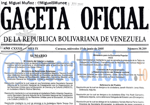 Gaceta Oficial 38209 del 15 Junio 2005