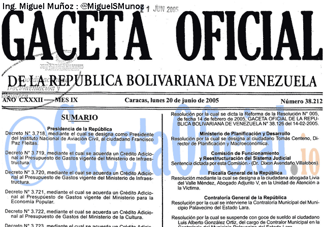 Gaceta Oficial 38212 del 20 Junio 2005