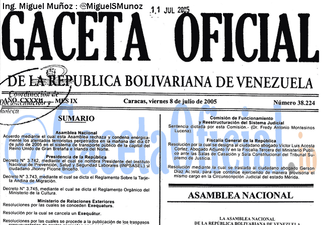 Gaceta Oficial 38224 del 8 Julio 2005