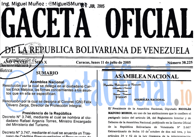 Gaceta Oficial 38225 del 11 Julio 2005