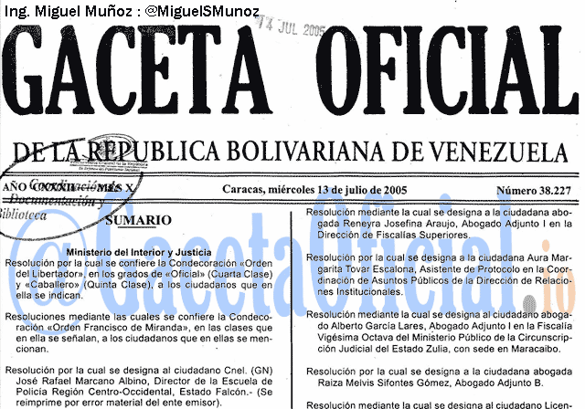 Gaceta Oficial 38227 del 13 Julio 2005