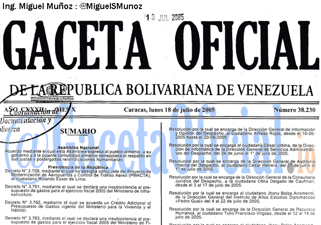 Gaceta Oficial 38230 del 18 Julio 2005