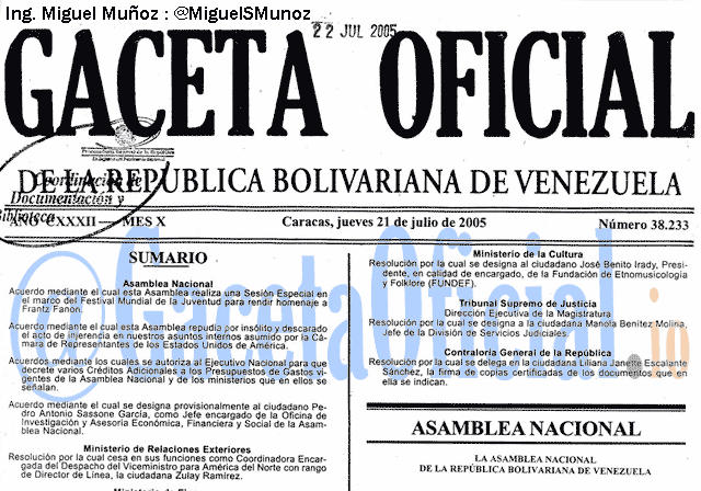 Gaceta Oficial 38233 del 21 Julio 2005