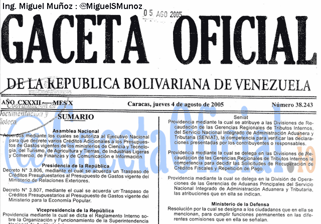 Gaceta Oficial 38243 del 4 Agosto 2005