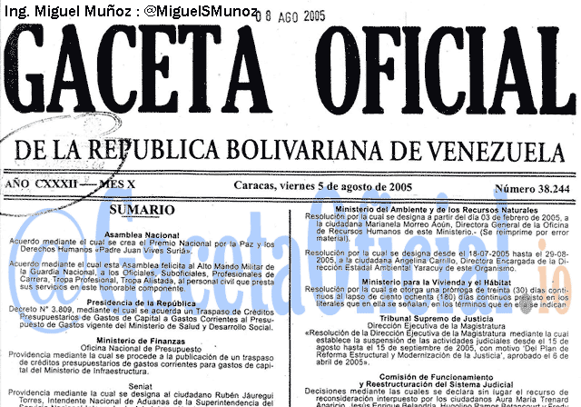 Gaceta Oficial 38244 del 5 Agosto 2005