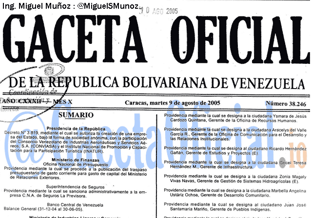 Gaceta Oficial 38246 del 9 Agosto 2005