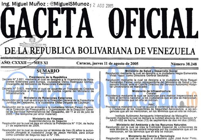 Gaceta Oficial 38248 del 11 Agosto 2005