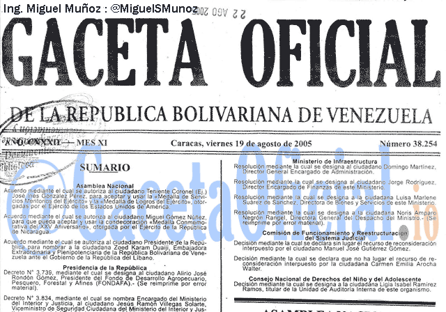 Gaceta Oficial 38254 del 19 Agosto 2005