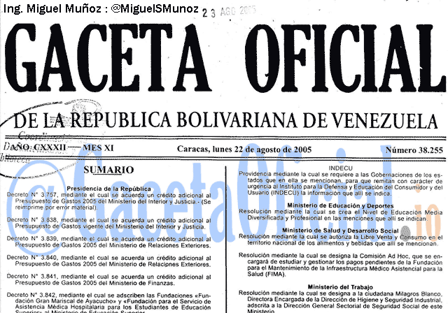 Gaceta Oficial 38255 del 22 Agosto 2005