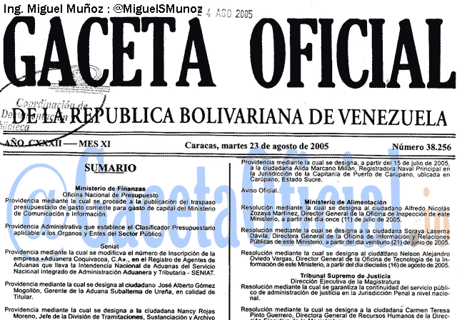 Gaceta Oficial 38256 del 23 Agosto 2005
