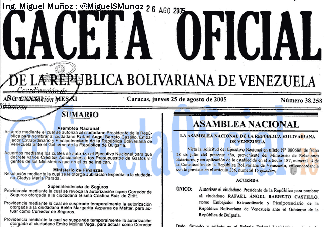 Gaceta Oficial 38258 del 25 Agosto 2005