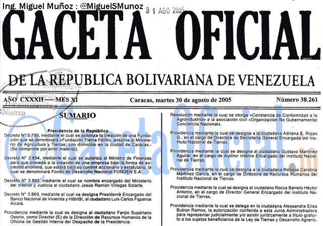 Gaceta Oficial 38261 del 30 Agosto 2005