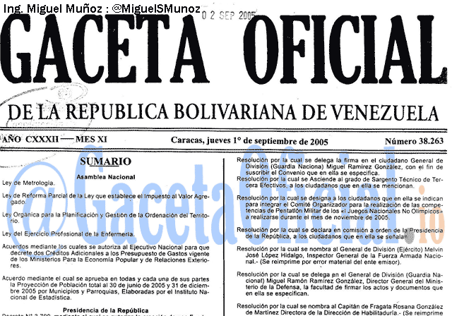 Gaceta Oficial 38263 del 1 Septiembre 2005