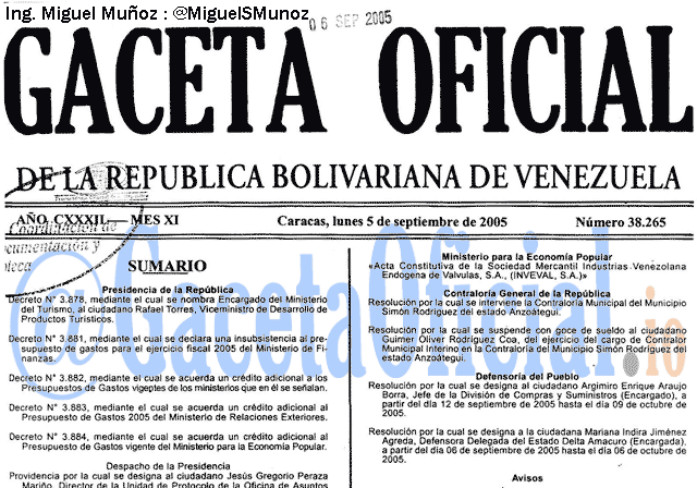 Gaceta Oficial 38265 del 5 Septiembre 2005