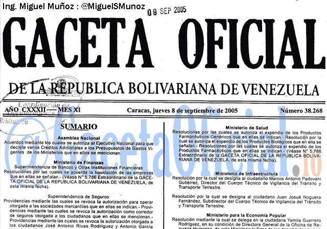 Gaceta Oficial 38268 del 8 Septiembre 2005