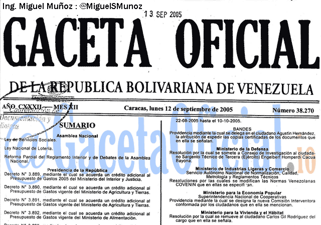 Gaceta Oficial 38270 del 12 Septiembre 2005