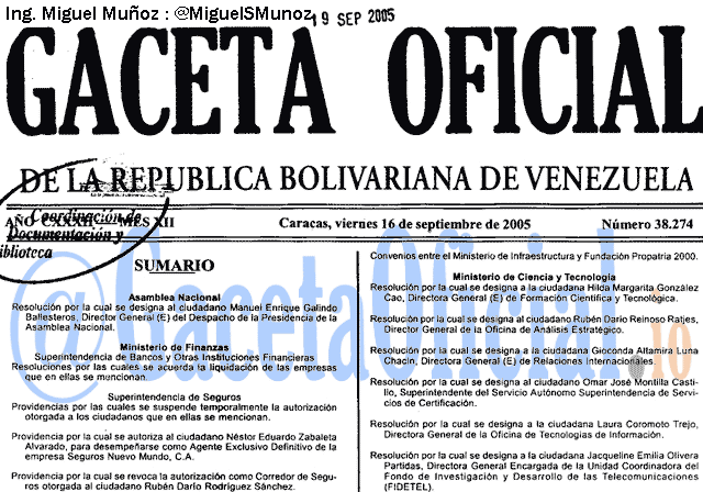 Gaceta Oficial 38274 del 16 Septiembre 2005