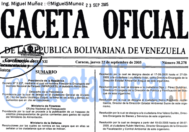 Gaceta Oficial 38278 del 22 Septiembre 2005