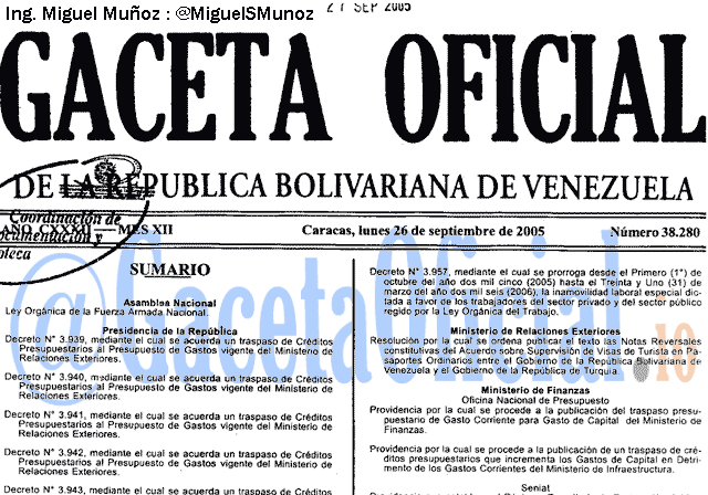 Gaceta Oficial 38280 del 26 Septiembre 2005