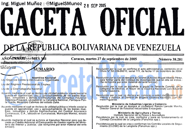 Gaceta Oficial 38281 del 27 Septiembre 2005