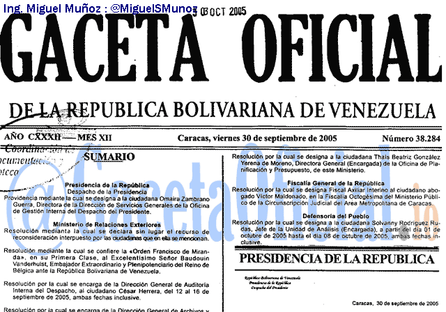 Gaceta Oficial 38284 del 30 Septiembre 2005