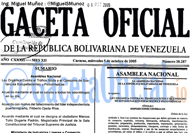 Gaceta Oficial 38287 del 5 Octubre 2005