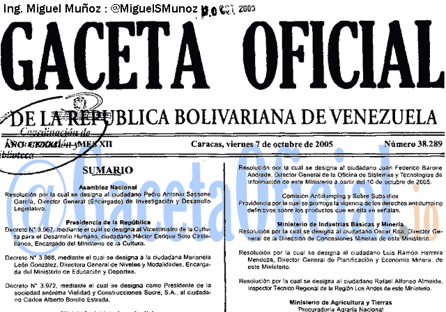 Gaceta Oficial 38289 del 7 Octubre 2005