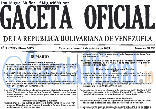 Gaceta Oficial 38293 del 14 Octubre 2005