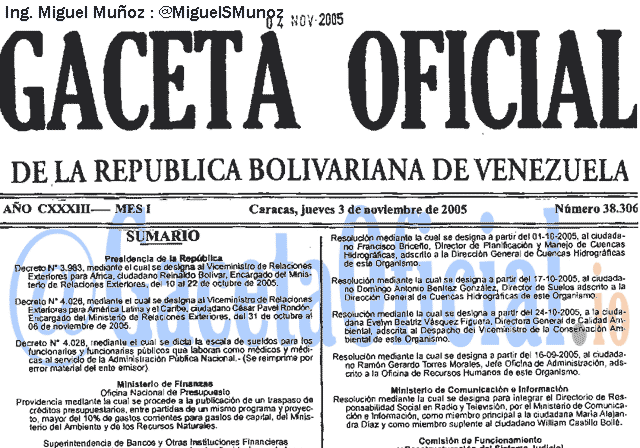Gaceta Oficial 38306 del 3 Noviembre 2005