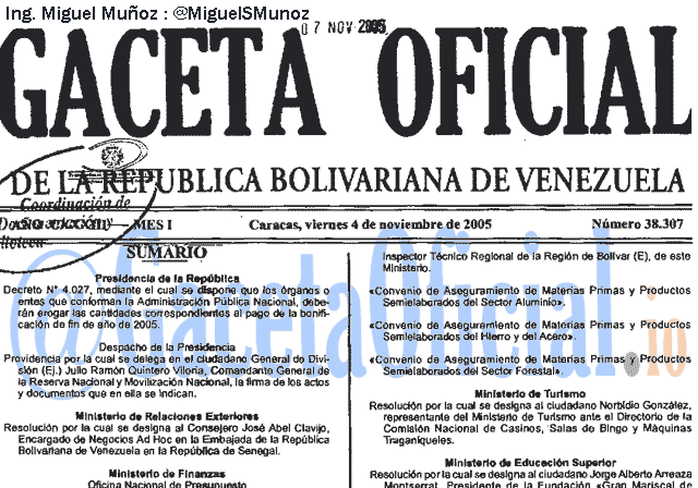 Gaceta Oficial 38307 del 4 Noviembre 2005