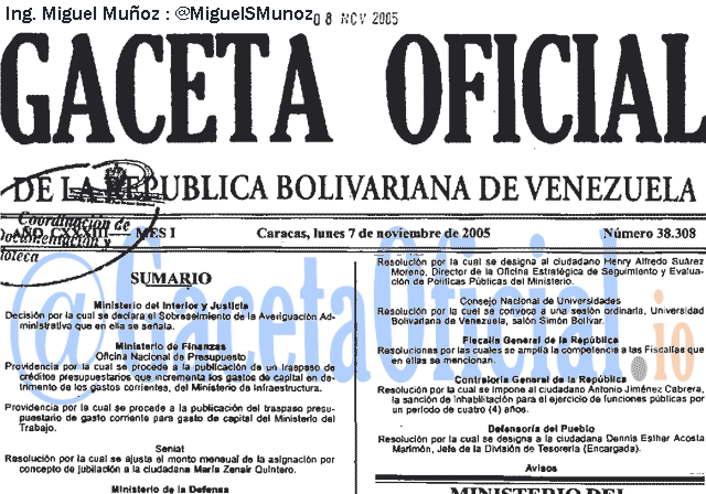 Gaceta Oficial 38308 del 7 Noviembre 2005