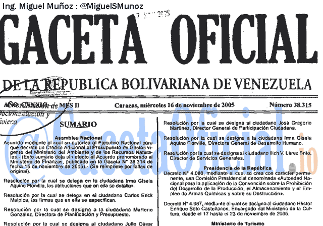 Gaceta Oficial 38315 del 16 Noviembre 2005