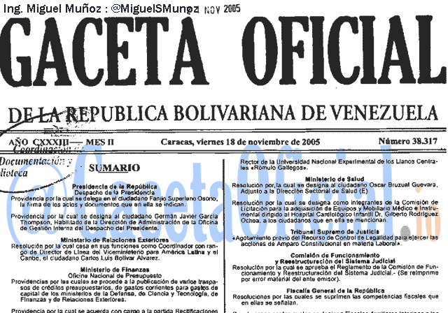 Gaceta Oficial 38317 del 18 Noviembre 2005
