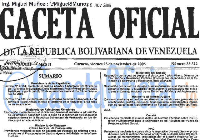 Gaceta Oficial 38322 del 25 Noviembre 2005
