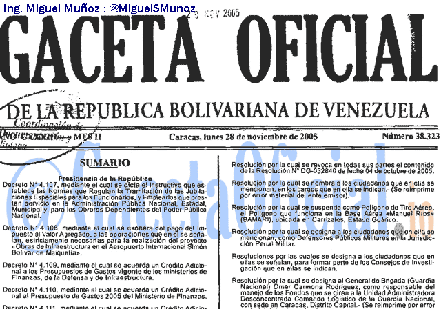 Gaceta Oficial 38323 del 28 Noviembre 2005