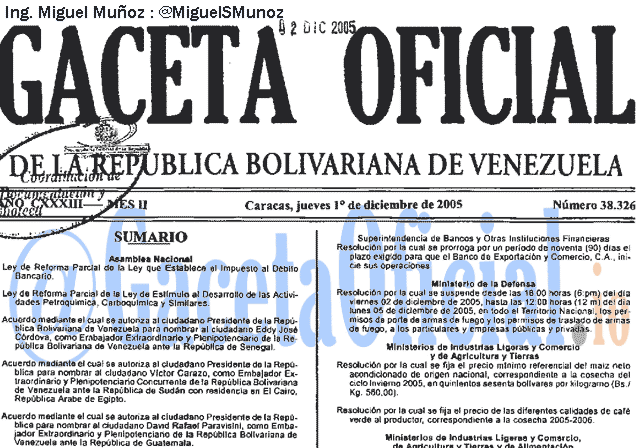 Gaceta Oficial 38326 del 1 Diciembre 2005