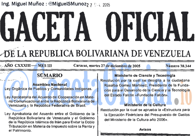 Gaceta Oficial 38344 del 27 Diciembre 2005