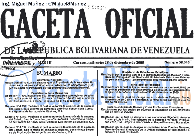 Gaceta Oficial 38345 del 28 Diciembre 2005