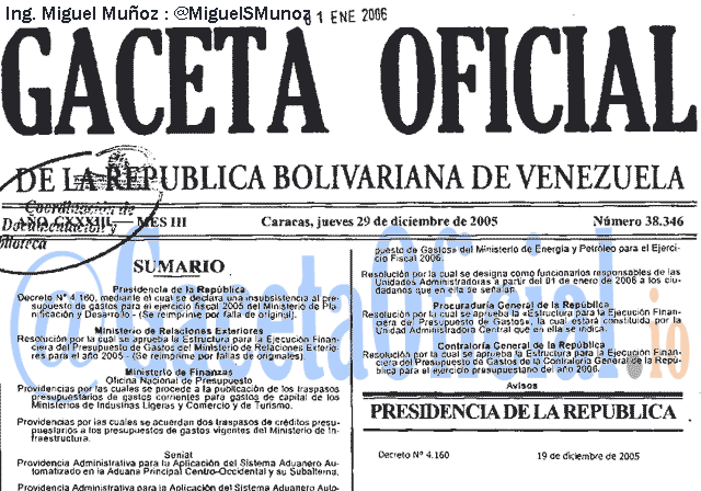 Gaceta Oficial 38346 del 29 Diciembre 2005
