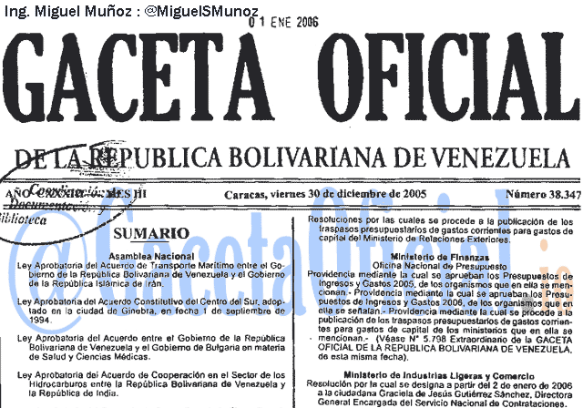 Gaceta Oficial 38347 del 30 Diciembre 2005