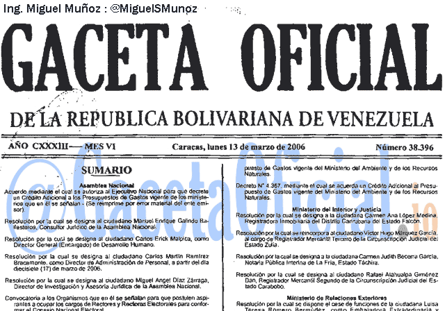 Gaceta Oficial 38396 del 13 Marzo 2006
