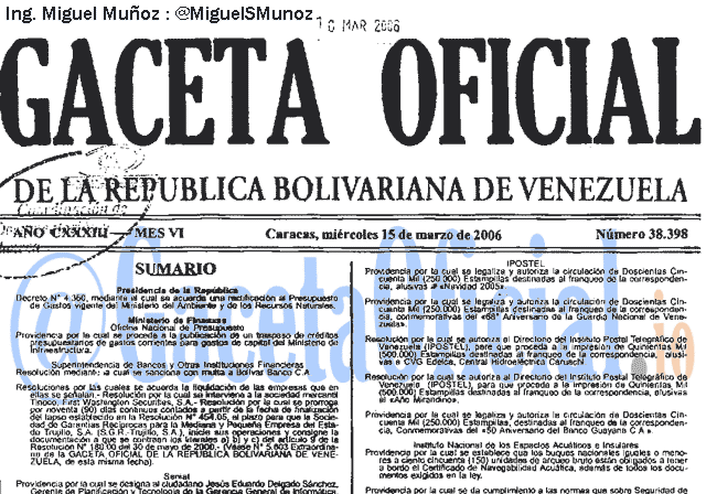 Gaceta Oficial 38398 del 15 Marzo 2006
