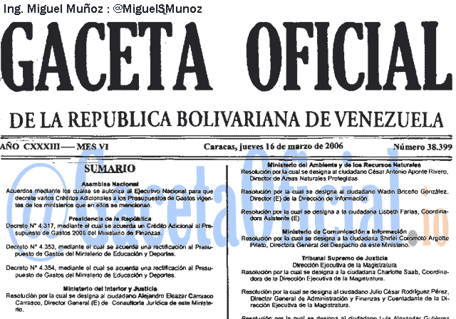 Gaceta Oficial 38399 del 16 Marzo 2006